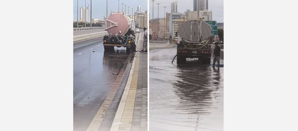 <p>Al Fateh Avenue in the Capital Governorate before and after the water was removed.</p>